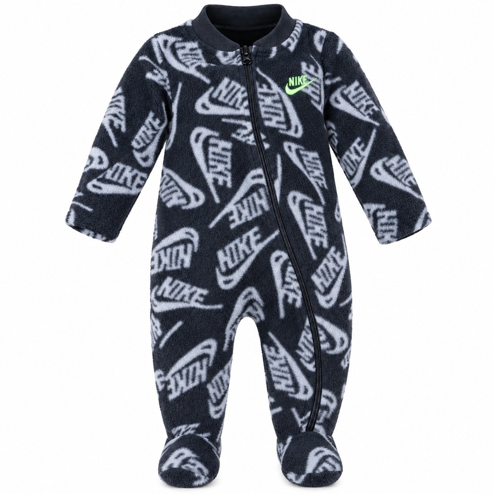 Nike Baby 3M Fleece Footed Sleeper Black Gray Allover Logo Zip Coverall